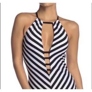 Rachel Roy | NWT One Piece Navy Blue White Striped Halter Deep V Size L